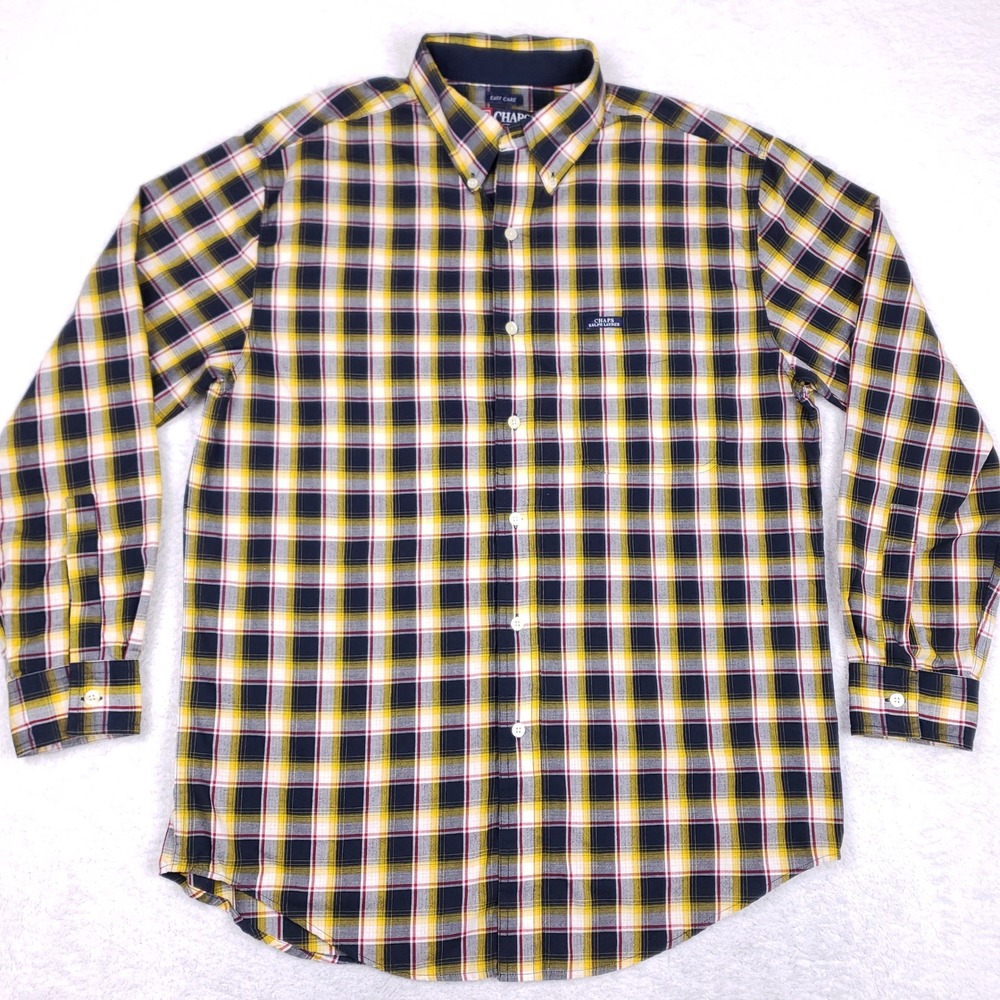 Chaps Ralph Lauren Mens M Plaid Button Down Shirt Navy Yellow Easy Care Long Slv